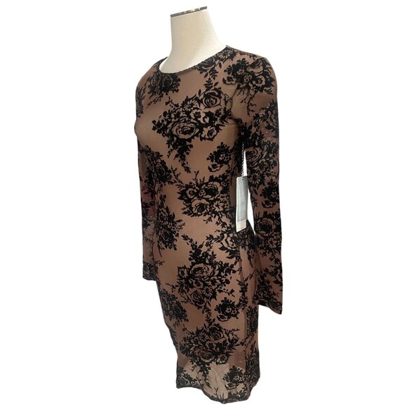 Iris Los Angeles Sheer Mesh Floral Flocked Bodycon Dress Long Sleeve M - Picture 7 of 11